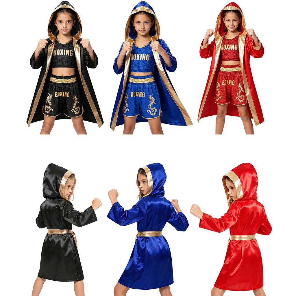 Boys Girls Boxing Costume Sleeveless Floral Print Top and Elastic Shorts with Hooded Robe Belt for Stage Performance