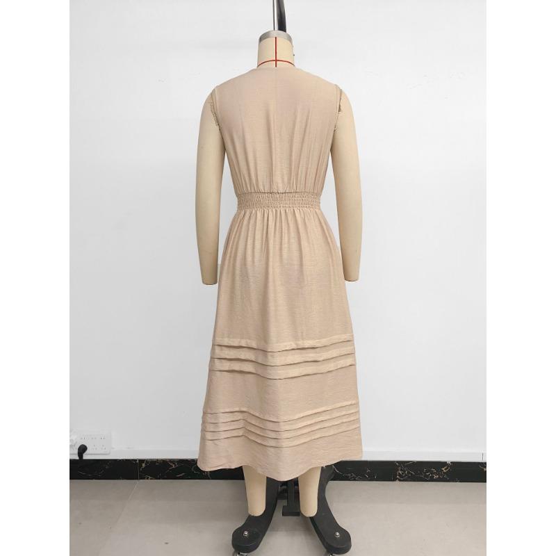 Damska Letnia Nowa Sukienka Komutacyjna Wakacyjna Jednolity Kolor Sznurek Bez Rękawów Dekolt w Serek Elastyczna Talia