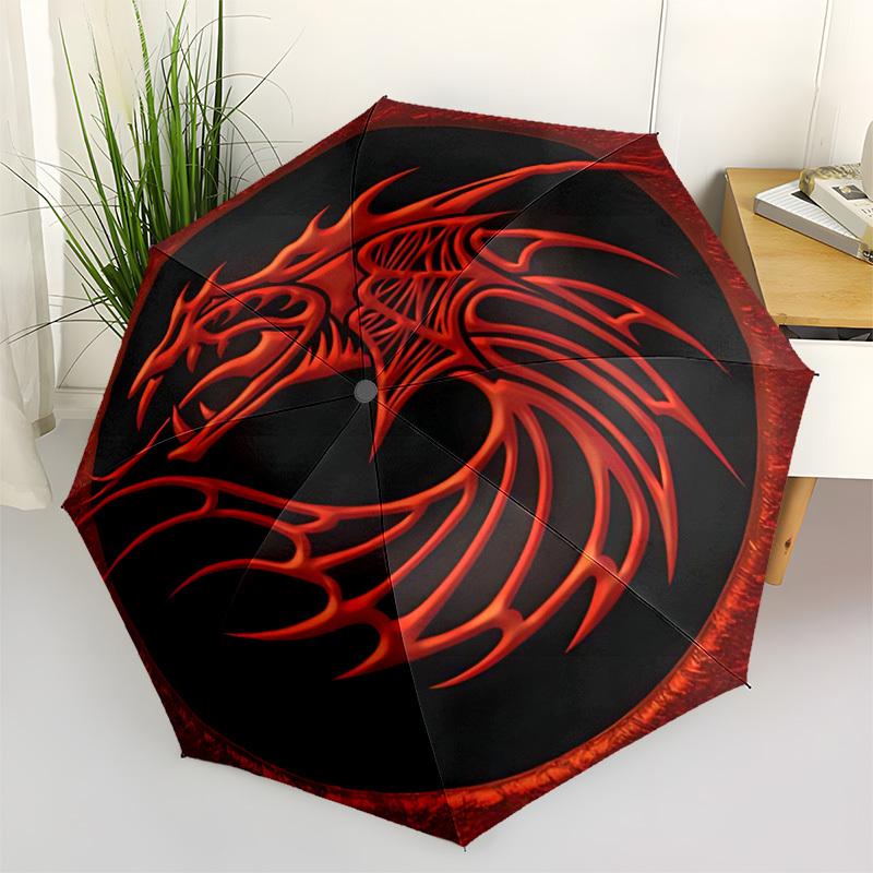 1pc Dragon Emblem Automatic Open/Close Heavy-Duty Iron Frame 8-Rib Compact Folding Umbrella with Red Flame & Black Dragon Desi
