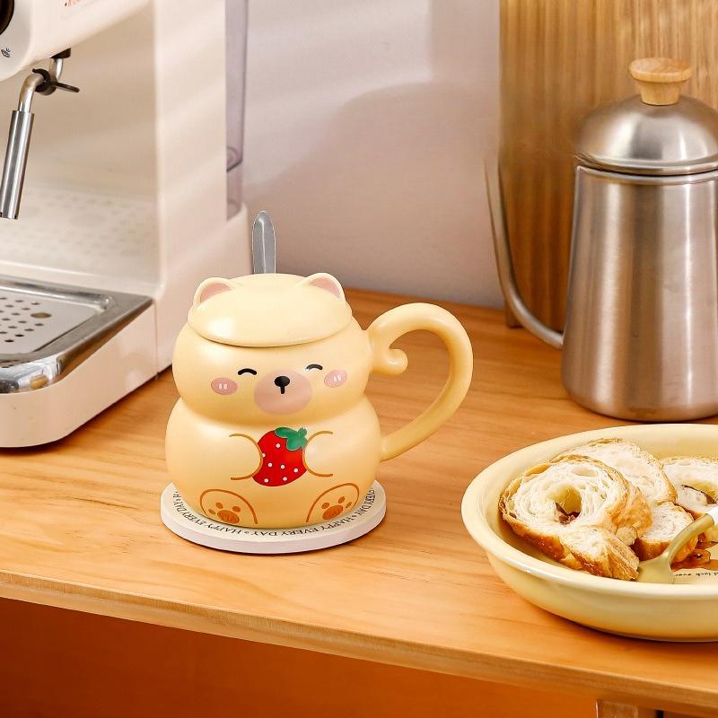 Kubek w kształcie zwierzątka z kreskówki z pokrywką i łyżeczką, uroczy domowy kubek do śniadania, kubek na mleko, biurowy ceramiczny kubek na wodę
