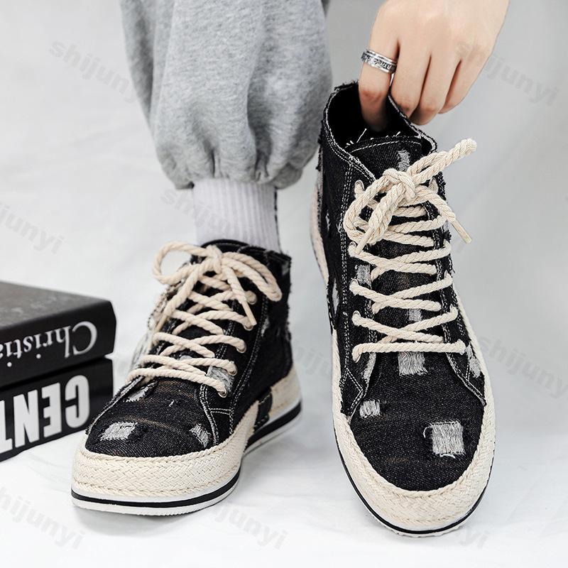 Fashion 2025 Spring New High Top Men's Shoes Niche Design Casual Board Shoes Washed Color Fly Weave Sports Fashion Trend Chunky sneakers