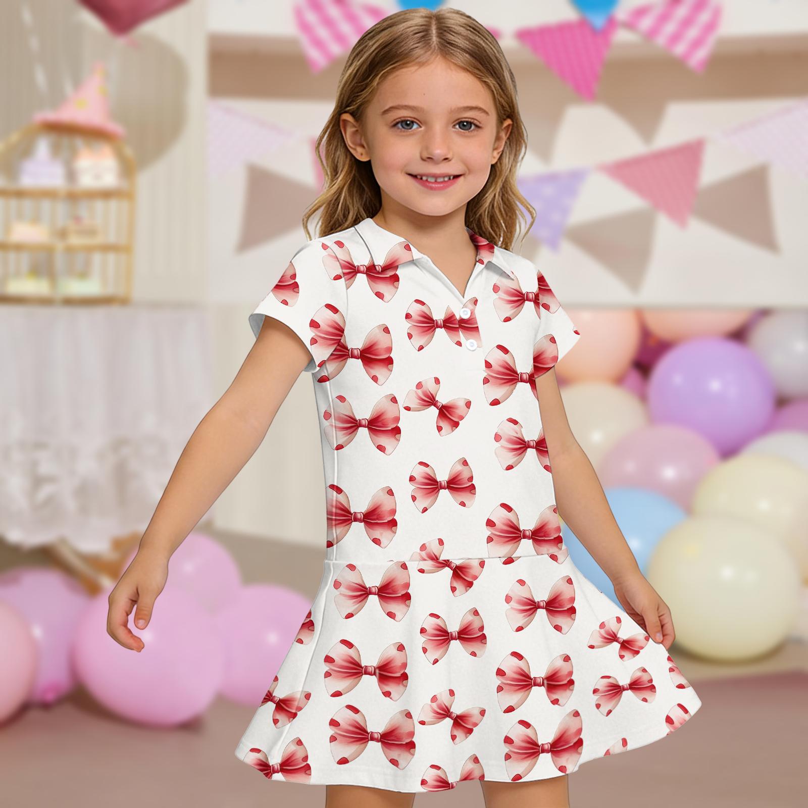 

Girls Short Sleeve Polo Dress with Bow Pattern and Pockets Casual Fit Lightweight Comfortable Fabric Suitable for Everyday Wear 160 Кіновар