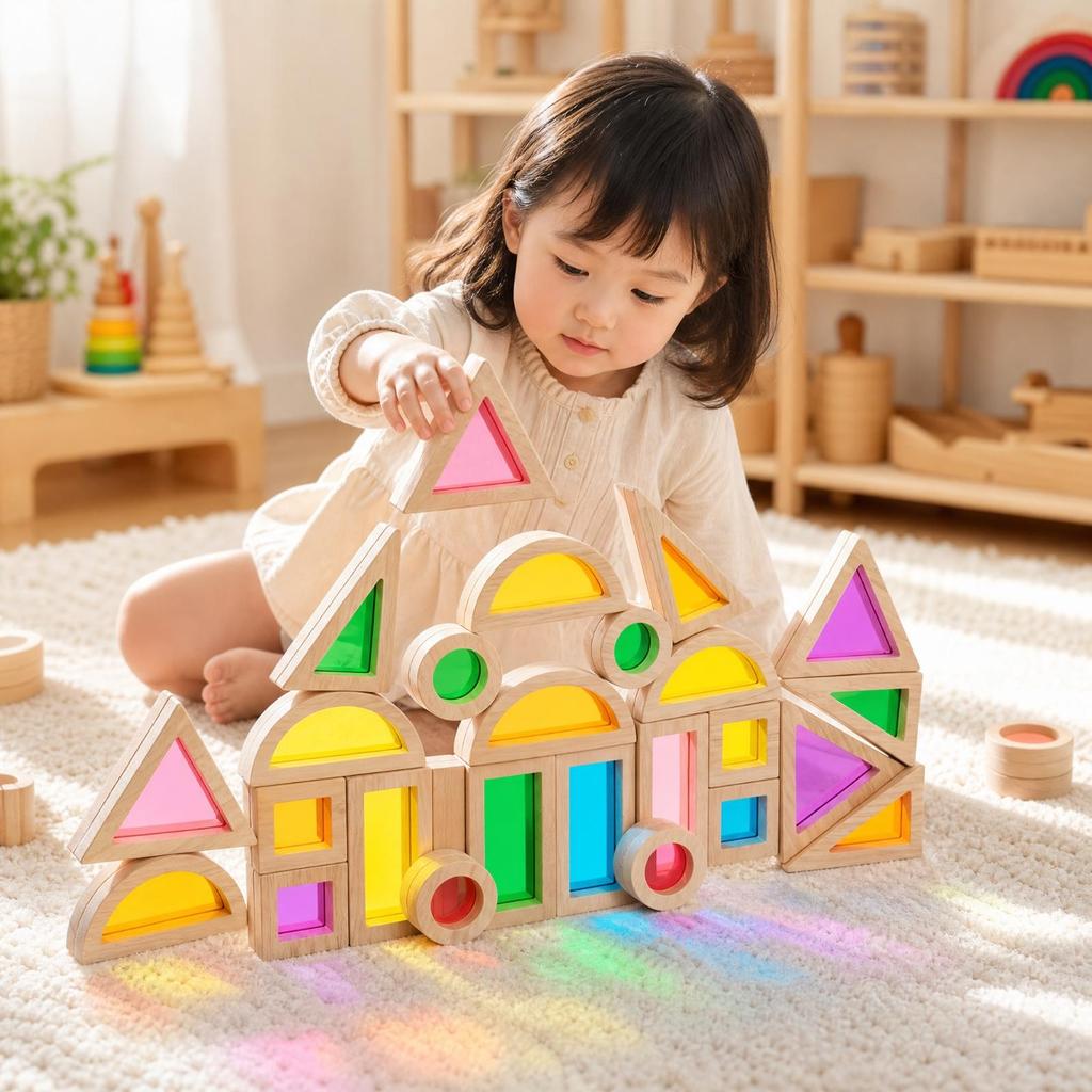 24 Pieces Translucent Rubberwood Construction Blocks with Acrylic Panels Solid