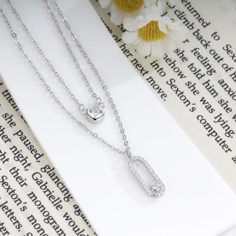 S925 Sterling Silver Brooch Pendant Necklace with Zircon Beads and Double Layer Cross Chain