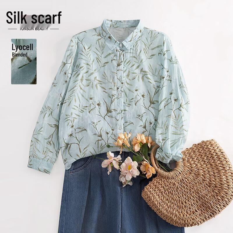 Women s Vintage Linen Blend Print Blouse L