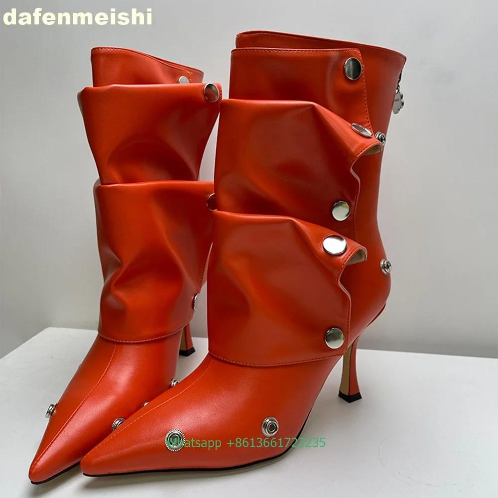 Metal Rivet Buckle Pleated Women Boots 2025 Winter Pointed Toe Thin Heels Short Boots Solid Color Back Zipper Leather Boots