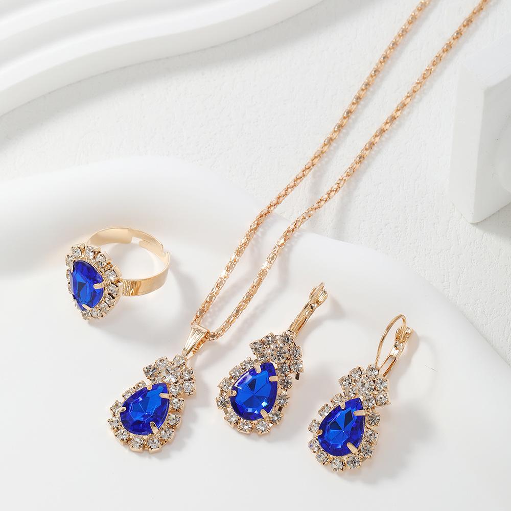 Fashion Waterdrop Shiny Rhinestones Necklace Ring Earrings Women Jewelry Set