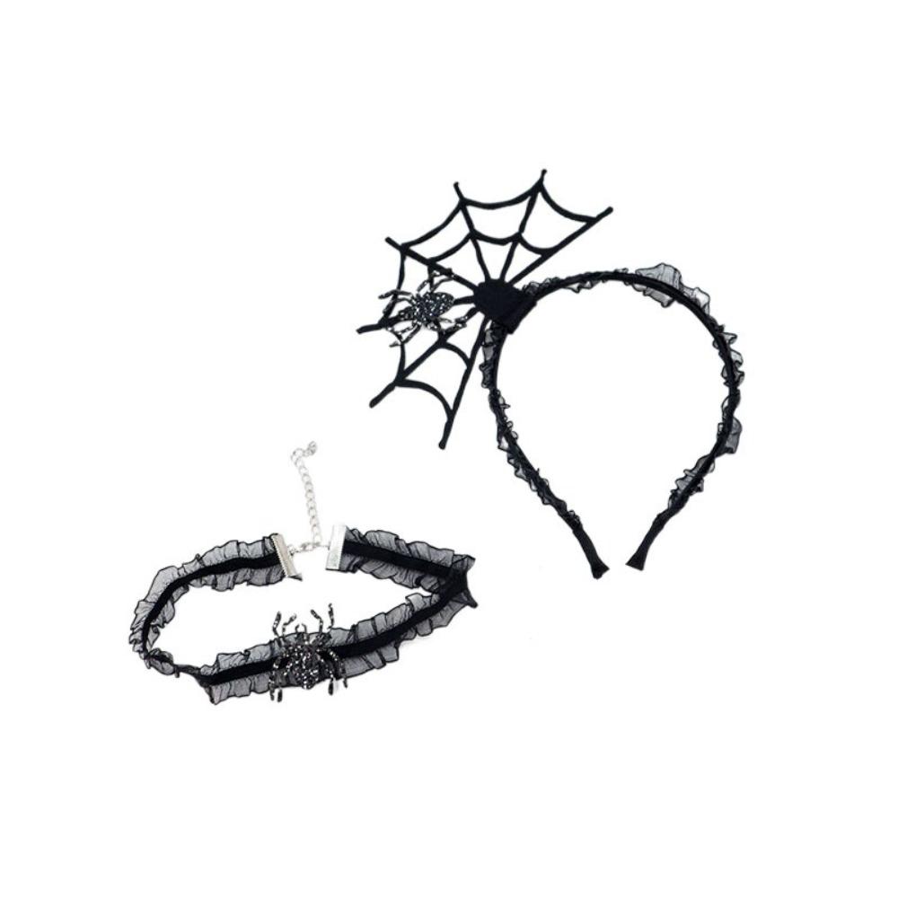 

Black Hairband Necklace Set Ruffles Spider Web Hairband Personality Halloween Headband Boys/Girls чёрный/серебряный