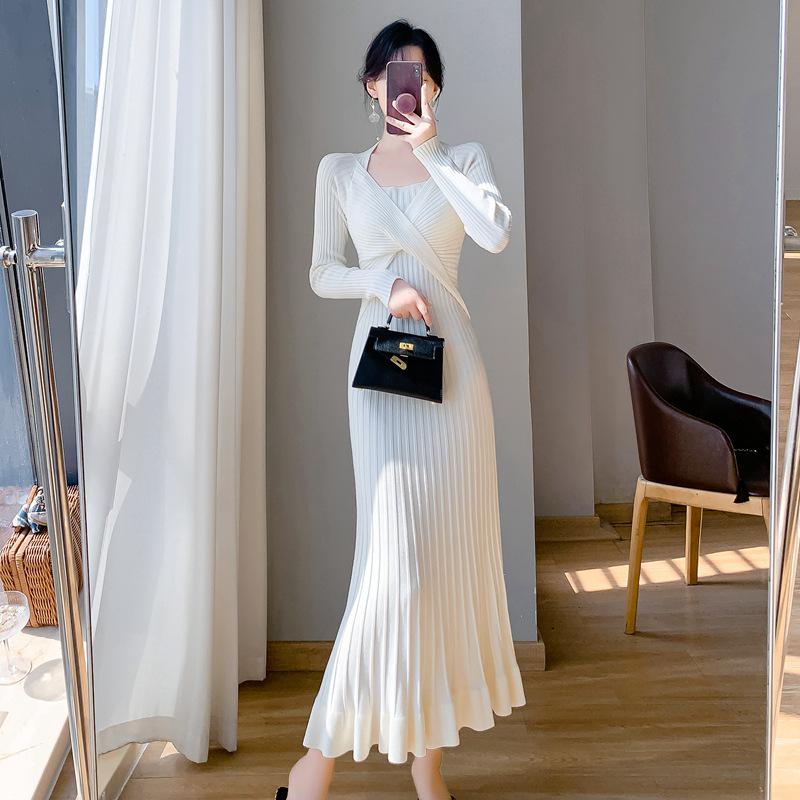 Korean Style Women's Long Over-the-Knee Sweater Dress with Fishtail Hem for Autumn/Winter