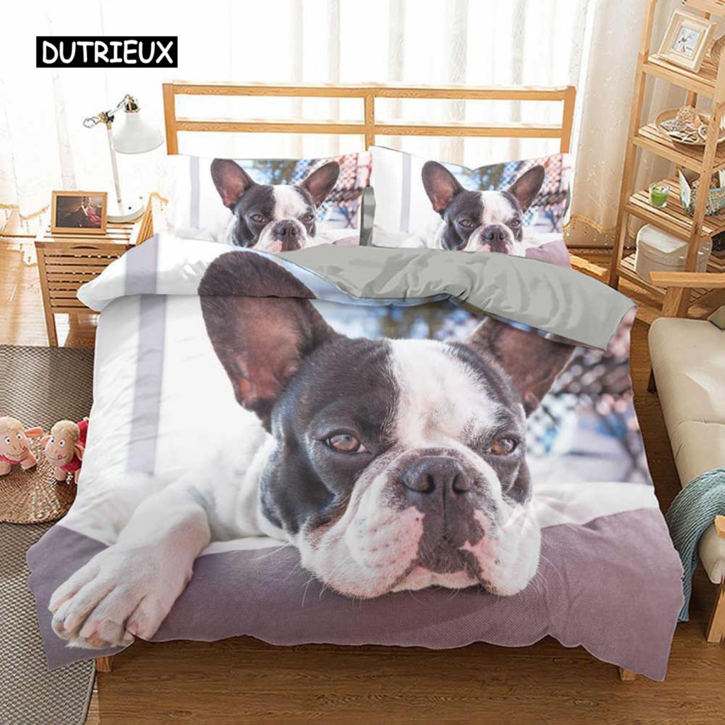Sett med dynetrekk for fransk bulldog, King size, Søt valp, Dyretema, Sengetøy for barn og tenåringer, Polyester, 2/3 deler, Mykt dynetrekk