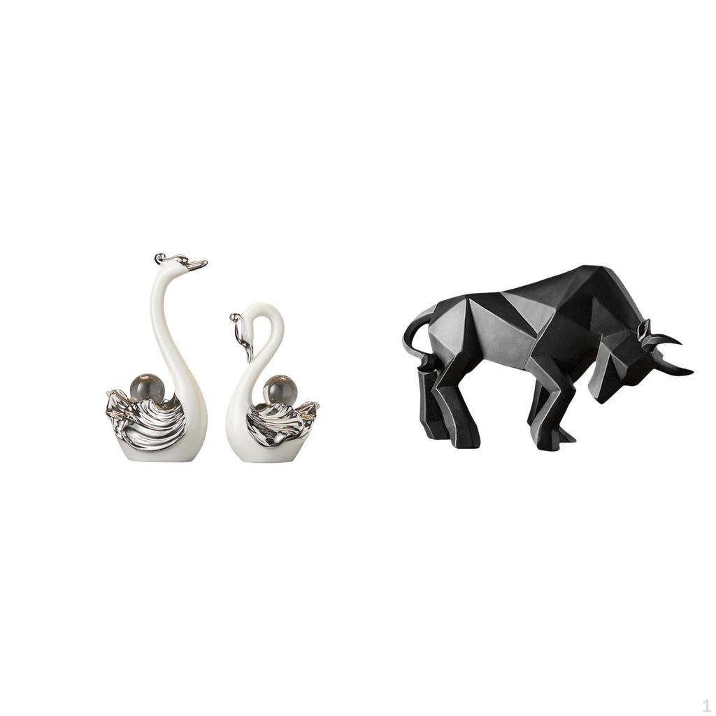 Porcelain Swan And Resin Bull Figurine Collection Sculpture Ornament for Living Room Bedroom