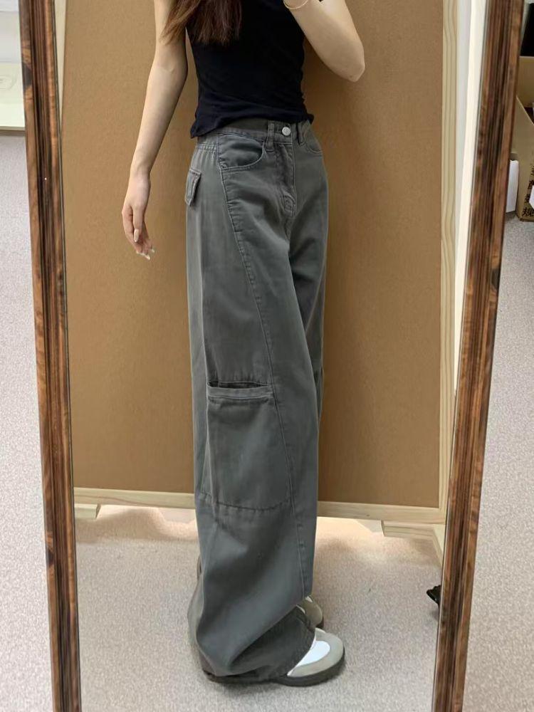American Style Cement Gray High Waist Wide Leg Denim Jeans for Women - Plus Size Slimming Loose Fit (Autumn 2025)