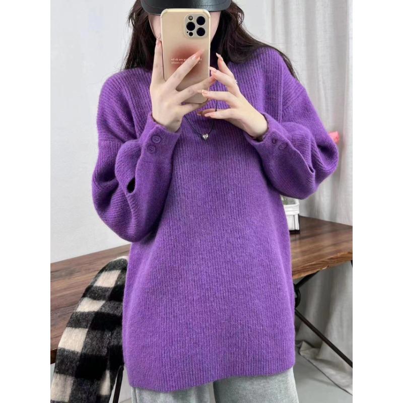 Lazy wind thickened loose cuffs button-knitted pullover sweater for women's autumn and winter medium and long inner top for women
