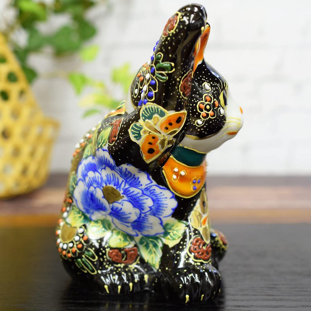 Kutani Ware Maneki-neko Figurine, Right-Handed, Sitting Sideways, with Black Flowers and Butterflies, Feng Shui, Good Luck, Japanese Style, Interior