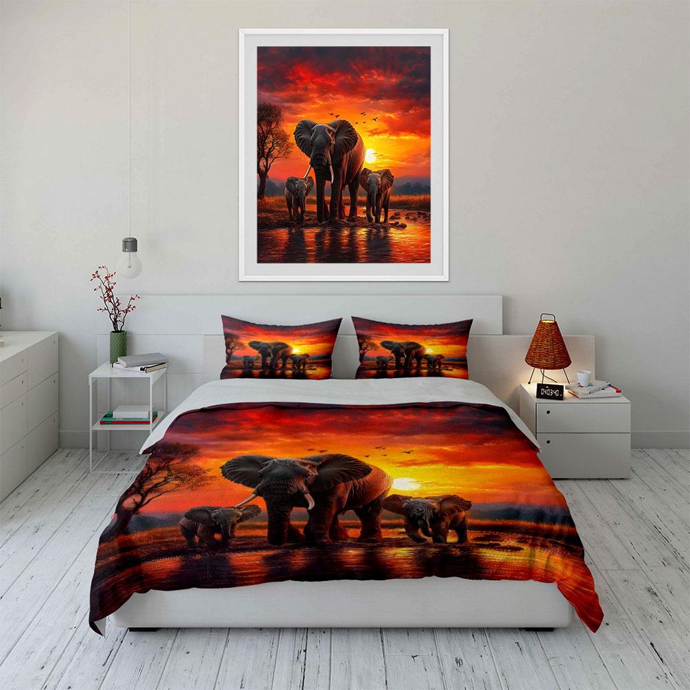 3Pcs African Scenery Elephant Herd At Sunset Print Bedding Set 1 Duvet Cover 2 Pillowcases For Adult And Children Luxury Gift