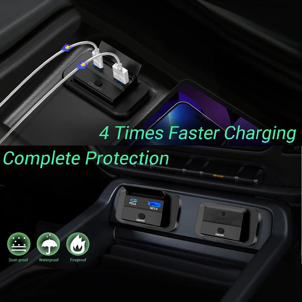 12V-24V Car Charger Outlet PD 30W and QC 3.0 18W USB C Dual Ports Fast Charging Socket Panel with Button Switch for RV Boat Car