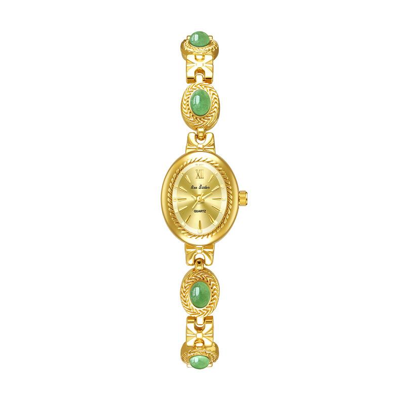 Vintage Oval Damenuhr Armbanduhr mit natürlichem Tigeraugenstein IP-beschichtete Legierung Quarz Uhr Retro Leichter Luxus Damenuhr für Kleider