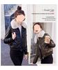 Women's Short Fleece-Lined Leather Motorcycle Jacket - Winter Fashion Cotton-Padded Coat