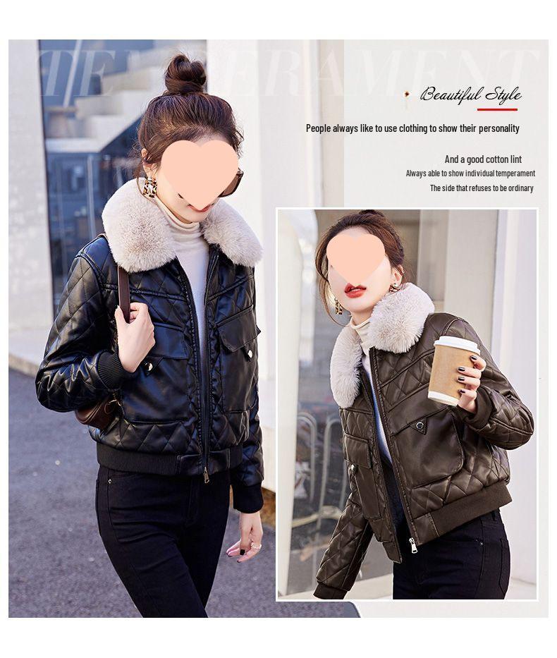 Women's Short Fleece-Lined Leather Motorcycle Jacket - Winter Fashion Cotton-Padded Coat