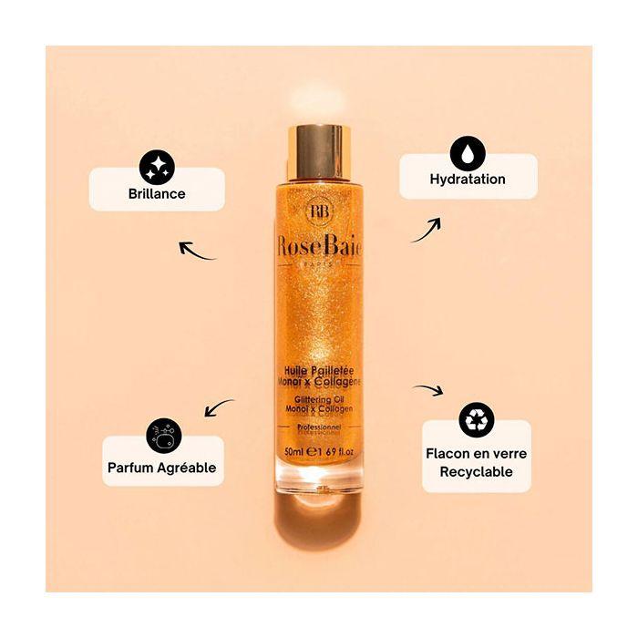 Huile Pailletée - Rosebaie - Monoï X Collagène - 50ml - Hydratation - Brillance - Tous Types De Cheveux