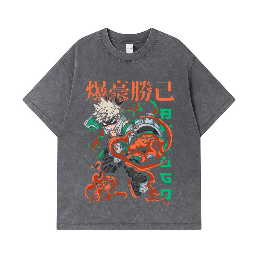 275 GSM Washed T-shirts 100% Cotton My Hero Academia V14 Bakugo Print Unisex Heavy Cotton T Shirt