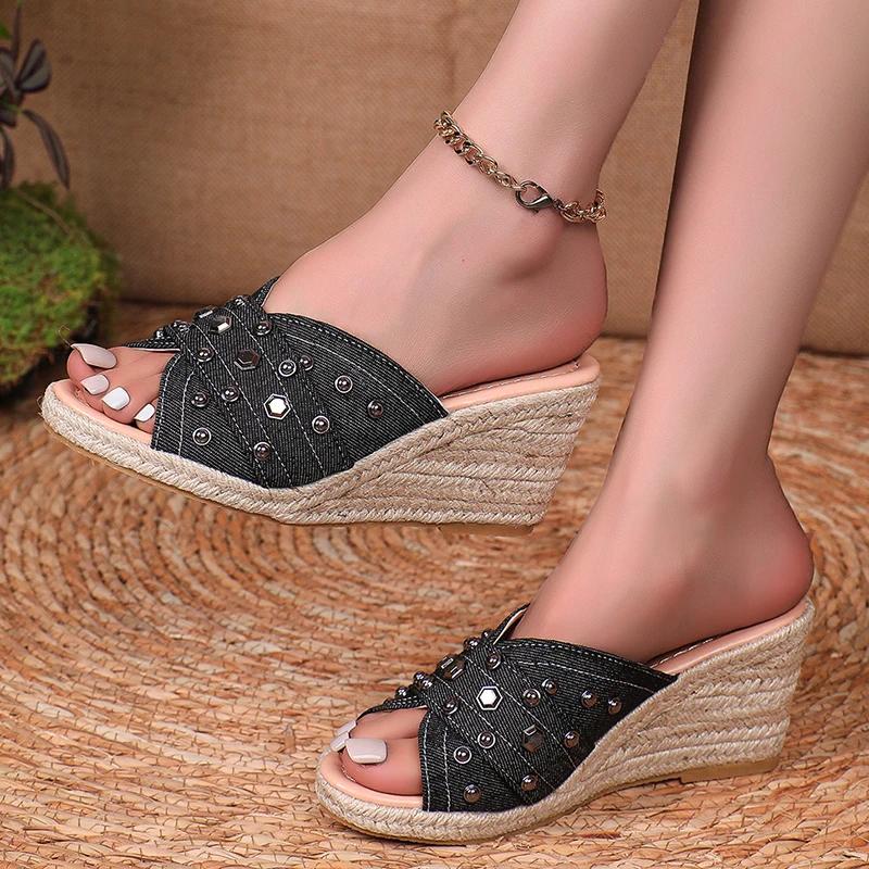 Fashion Fashion Rivet Decor Wedge Heel Sandals for Women Summer 2025 Blue Denim Espadrille Slippers Woman Peep Toe Roman Sandalias Mujer