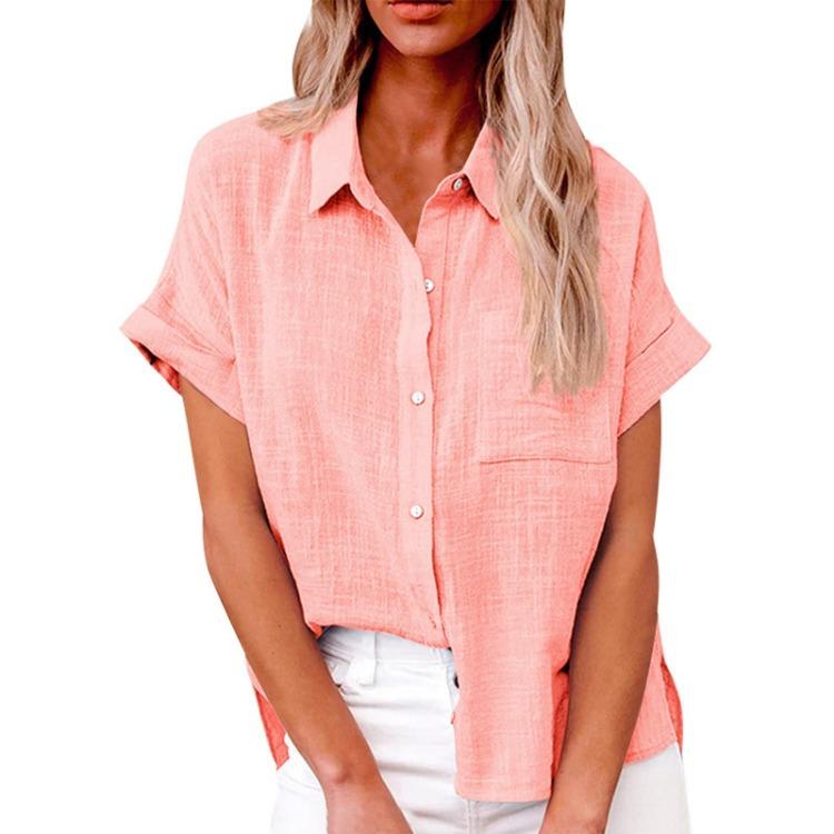 Casual Loose Women Shirt Short Sleeve Lapel Button Down Top With Pocket Tshirt Fashion Color
