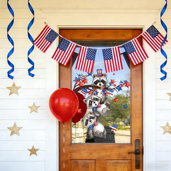4th of July Window Clings Patriotic American Flag Red Blue White Tree Balloons Stickers Independence Memorial Day Static Decals for Store Glass Decor