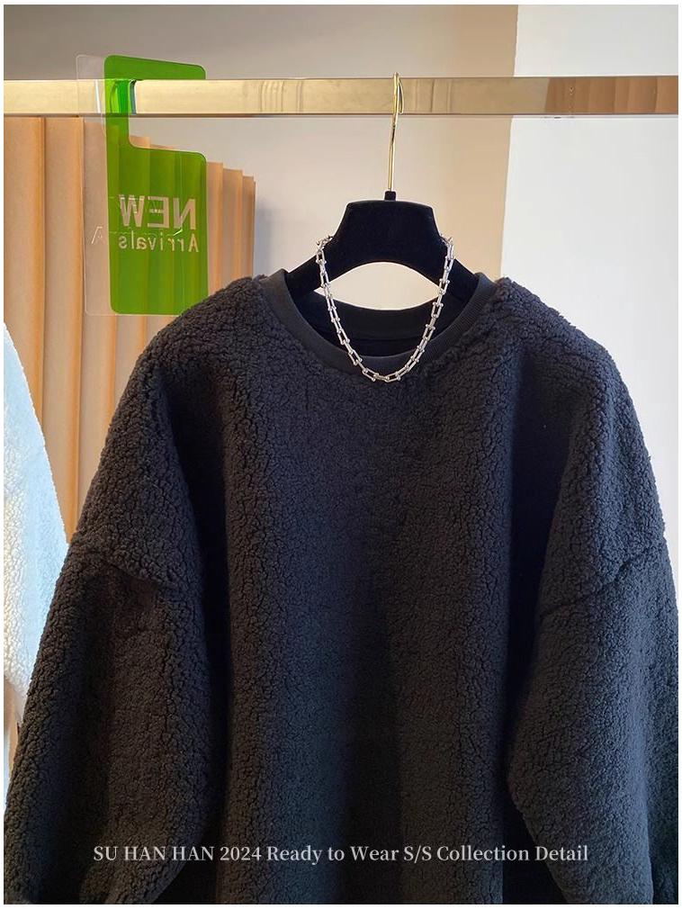 High-End Lazy Style Round Neck Sweatshirt - Imitation Lamb's Wool, Solid Color, Thickened for Autumn/Winter, 2025 Collection.