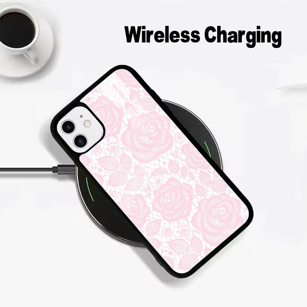 L-Lace Print Pattern Phone Case For IPhone17 16 15 14 13 12 11  Pro Max 16/15/14Plus Wireless Charger Cover Funda