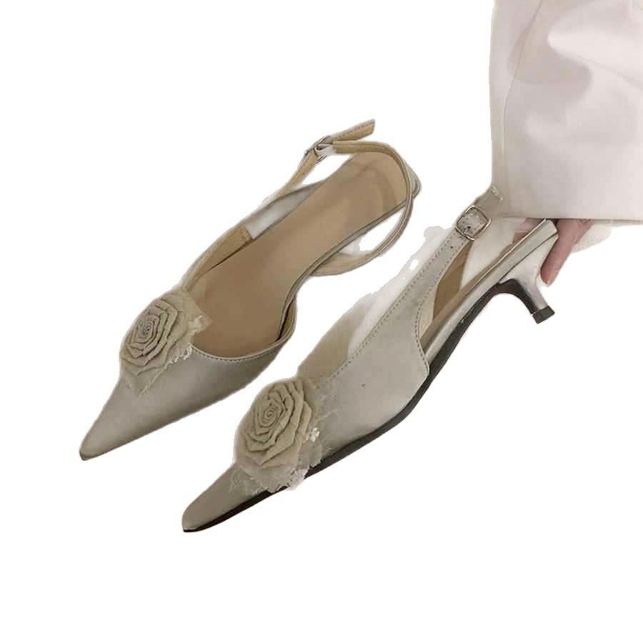 Fairy green rose gentle satin rose bag head empty sandals women's spring summer new stiletto shoes