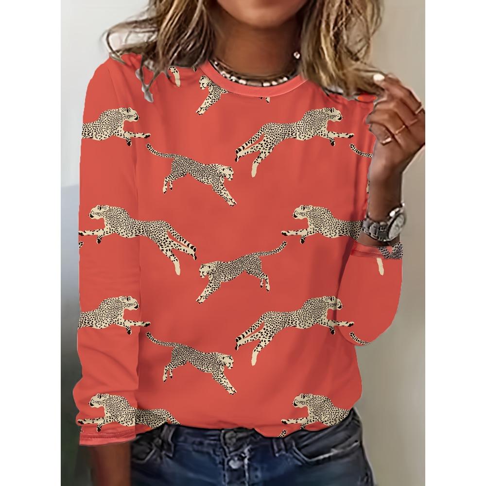 

Весенне-осенний топ с круглым вырезом, леопардовым принтом и 3D-печатью, модная повседневная женская футболка с длинным рукавом 5XL