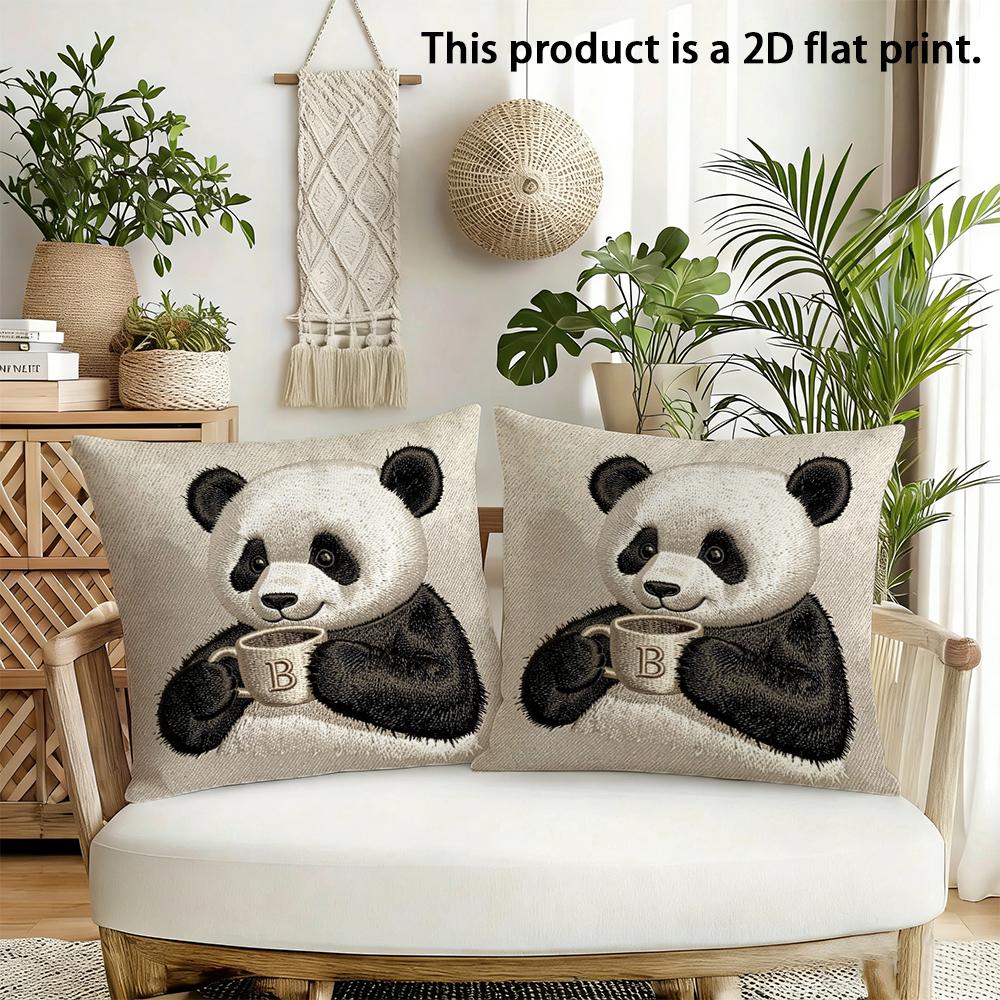 2pcs Cute Panda Drinking Coffee Letter B Throw Pillow Cover Home Decor Cushion Case Cushion Cover