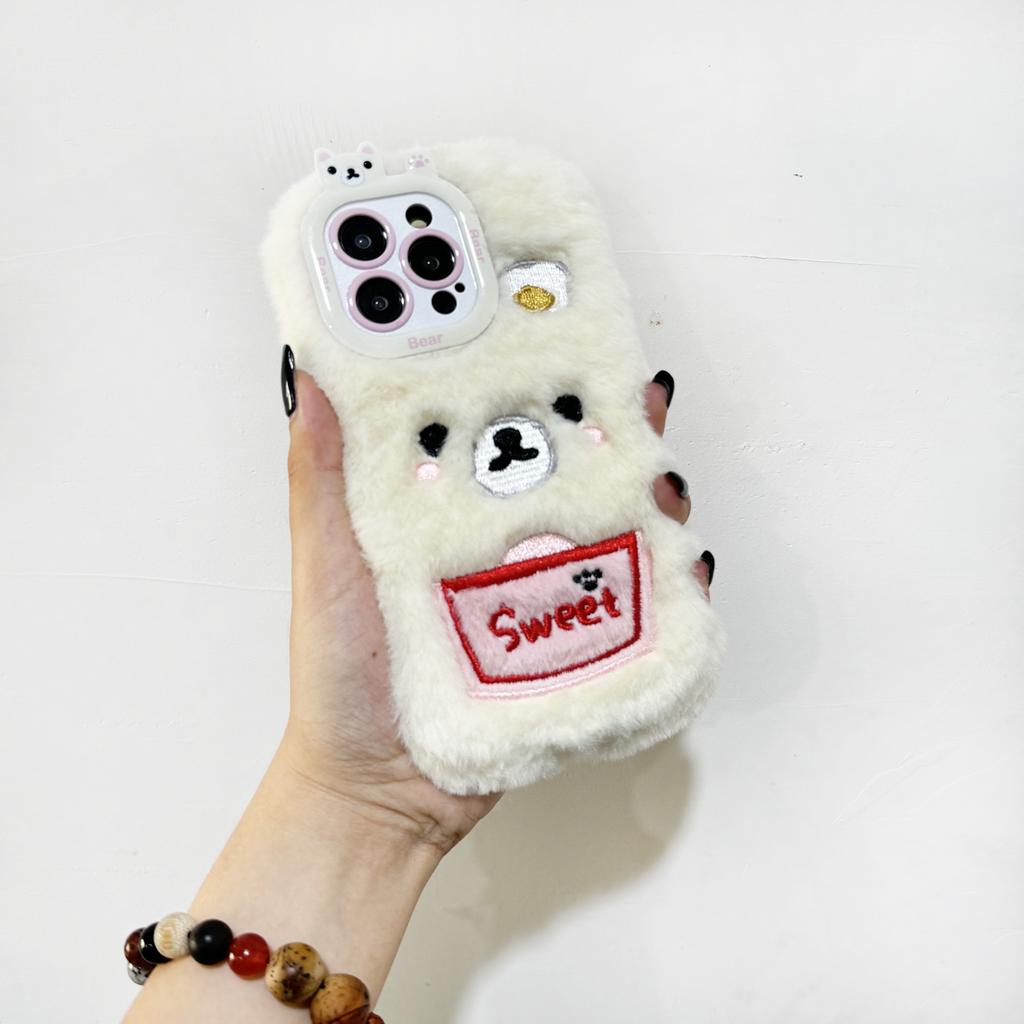New Cartoon Cute Embroidered Bear Plush Phone Case for iPhone 16 Pro Max Fall Winter Warm Plush Phone Case