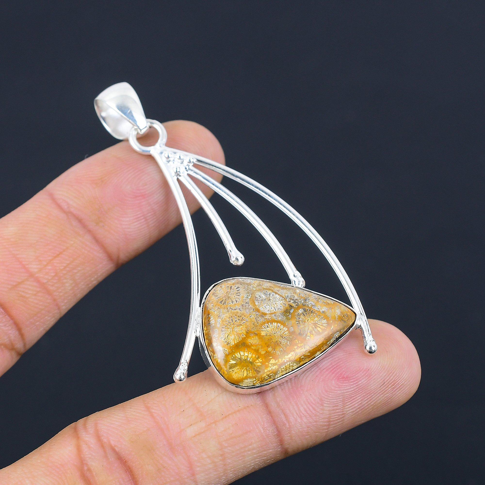 Fossil Coral Gemstone Sterling Silver Elegant Bezel Anniversary Pendant Jewelry