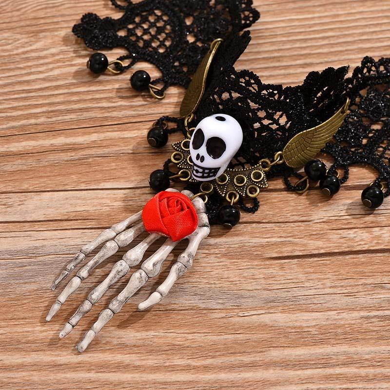 Gothic Black Beaded Flower Palm Sexy Lace Skeleton Choker Necklace Vintage Tassel Chain Women Steampunk Halloween Jewelry