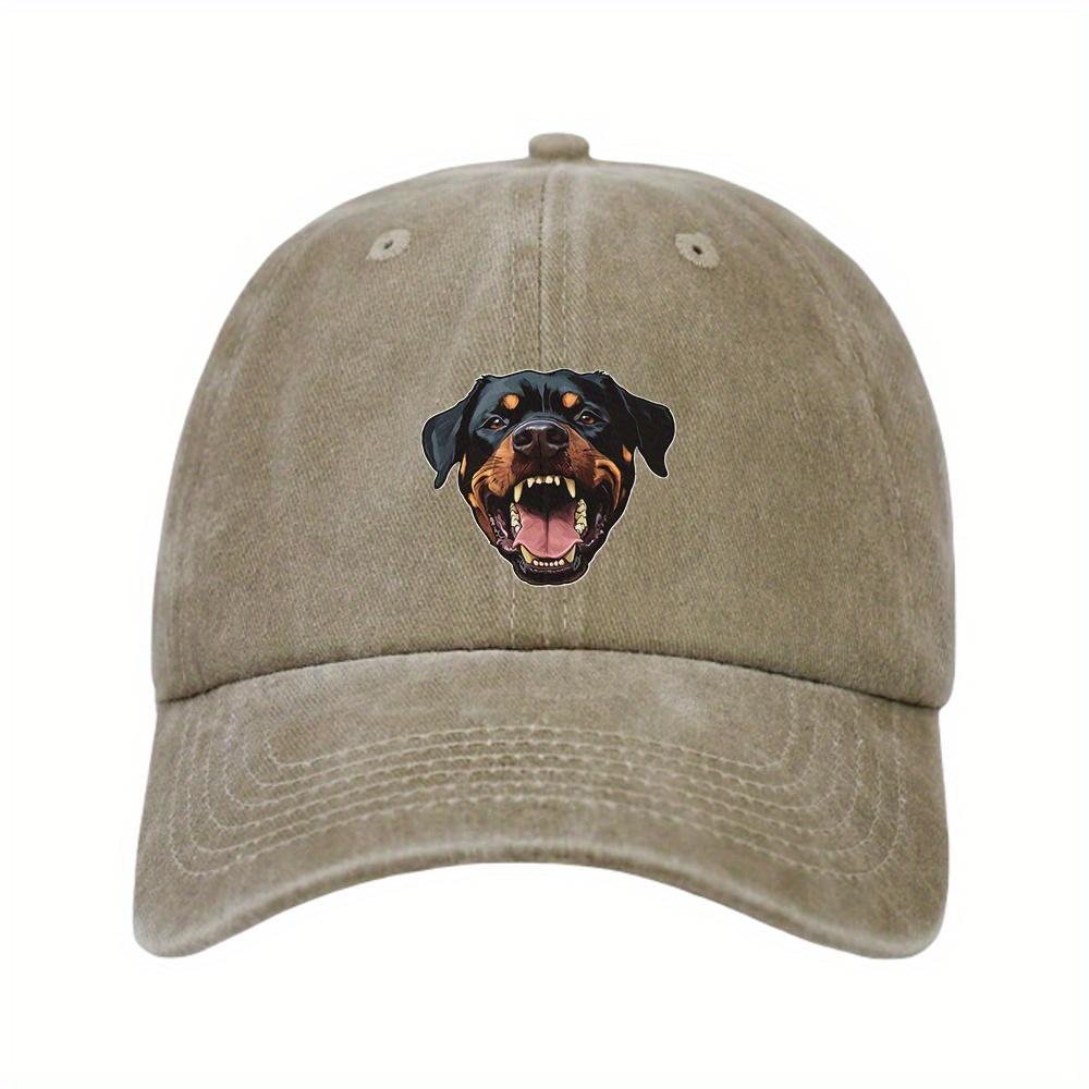 1pc Rottweiler Dog Head Baseball Cap - Fierce Open-Mouth Graphic, 100% Denim, Adjustable Vintage Washed