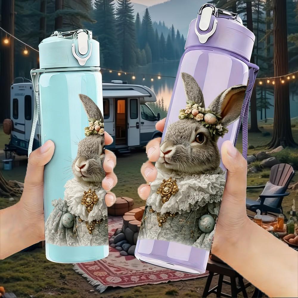 1PC Rabbit With Crown Vintage Print 750ml Color Plastic Sports Water Bottle Leakproof Flip Straw Lid Suitable for Sports Office Home Use