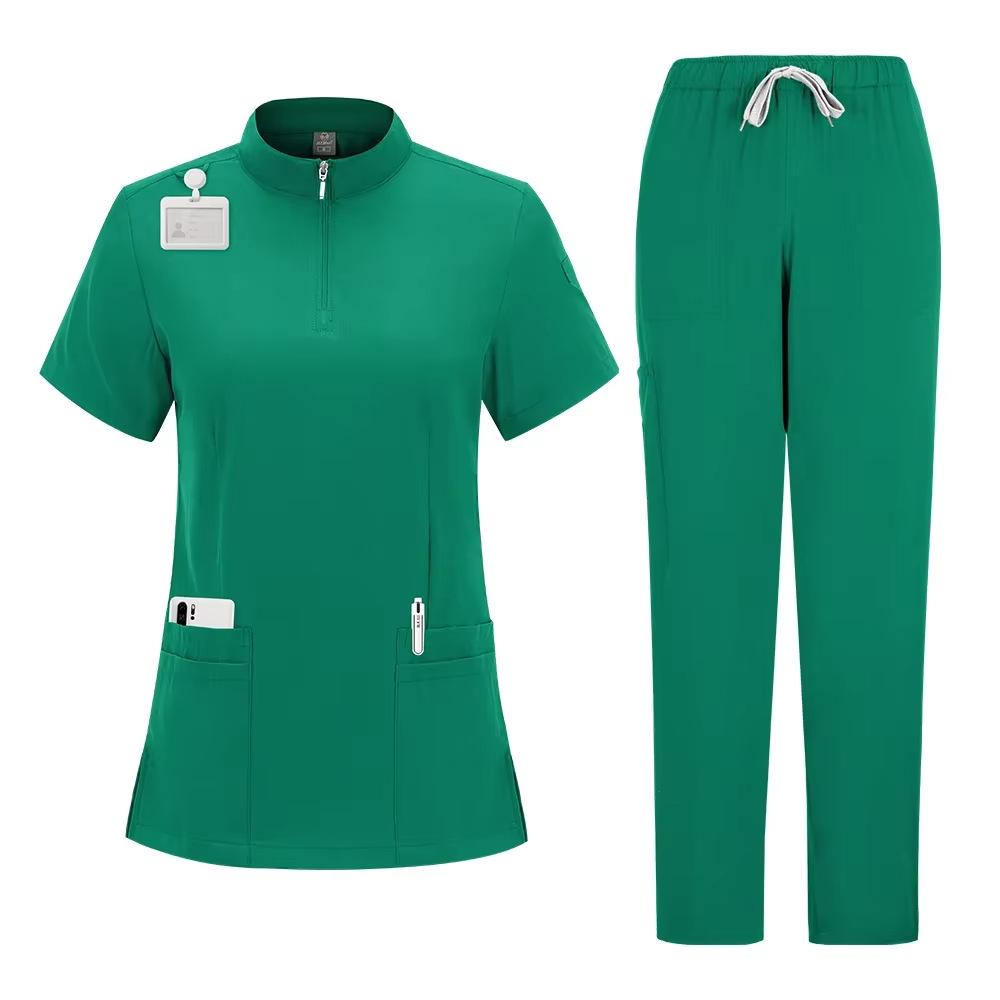 Solid Color Surgical Scrub Set: Stand-up Collar, Zipper Top, Straight Leg Pants