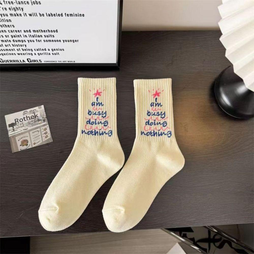 4Pairs Mid Tube Letter Printed Socks Kawaii Socks Women Casual Retro Lattice Socks  Girl