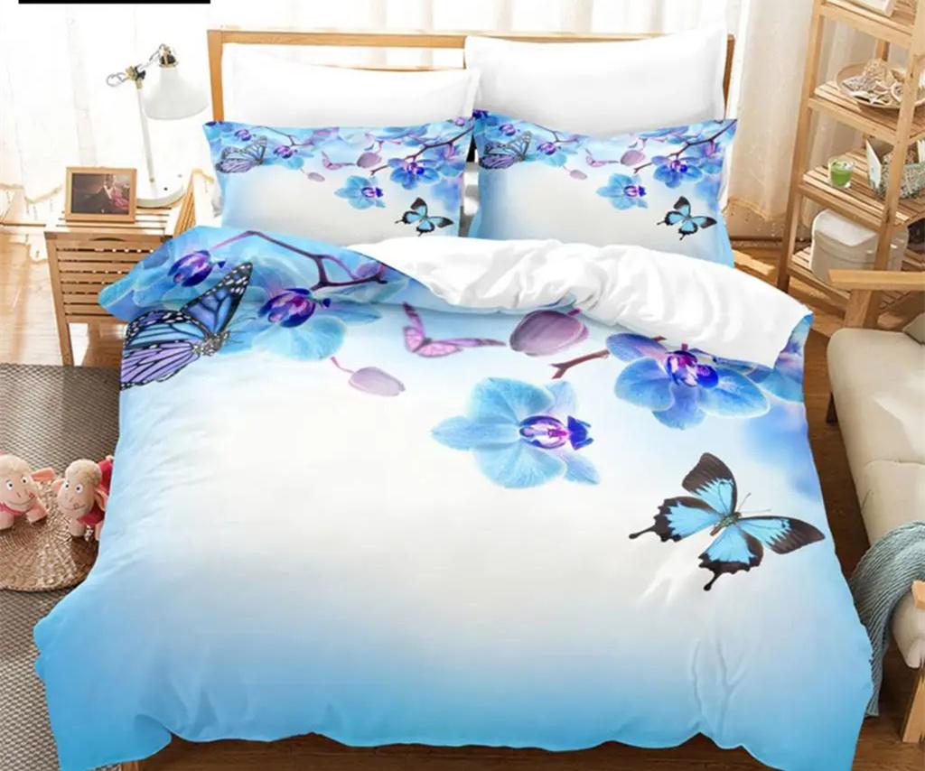 Blue Butterfly Duvet Cover Set King Queen Twin Size Double Bed Single 3D Queen Bedding Sets Pink Quilt Cover with 2 Pillowcases