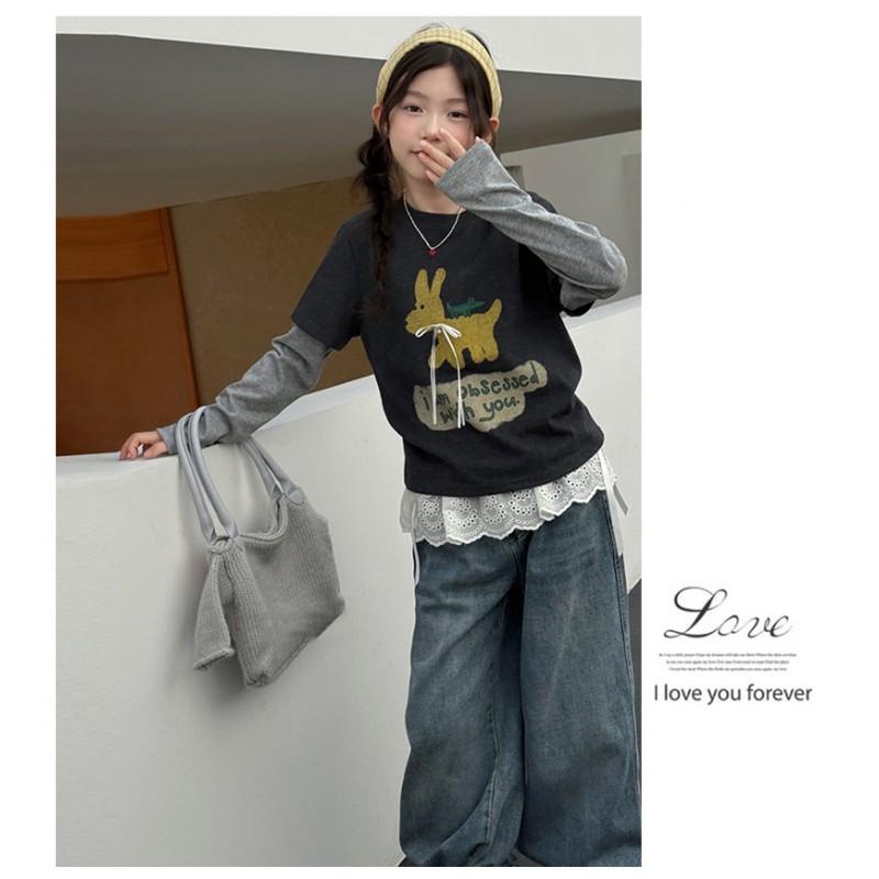 Girl Base Layer Shirt Spliced Fake 2-Piece Long Sleeve T-Shirt Slim Fit Stretch Inner Top Kids