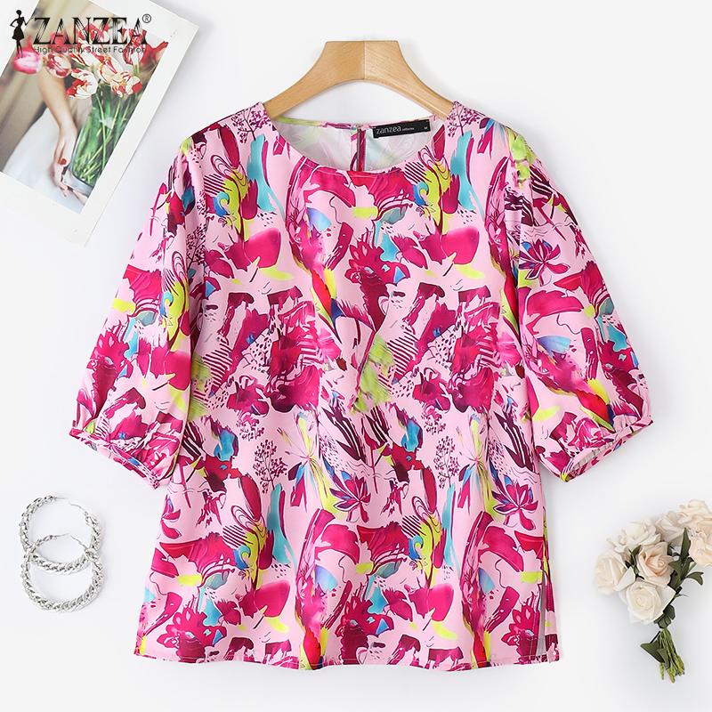 

ZANZEA Women Casual Round Neck Loose Floral Print 3/4 Sleeve Blouse S жовтий