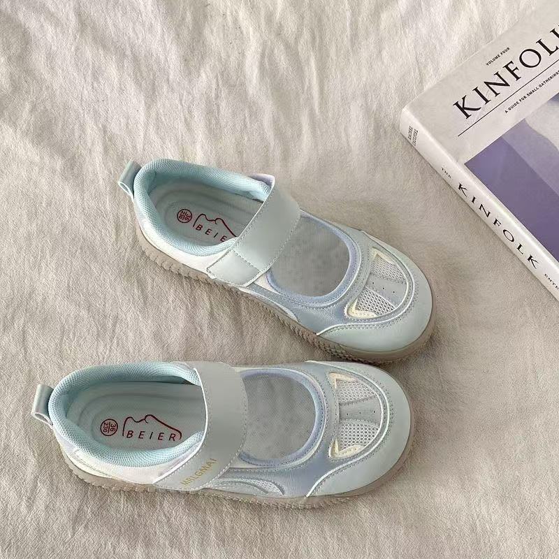 White Retro Round Head Thick Sole Shallow Mouth Single Shoes Women's New Summer Mesh Casual Sports Mary Jane Shoes