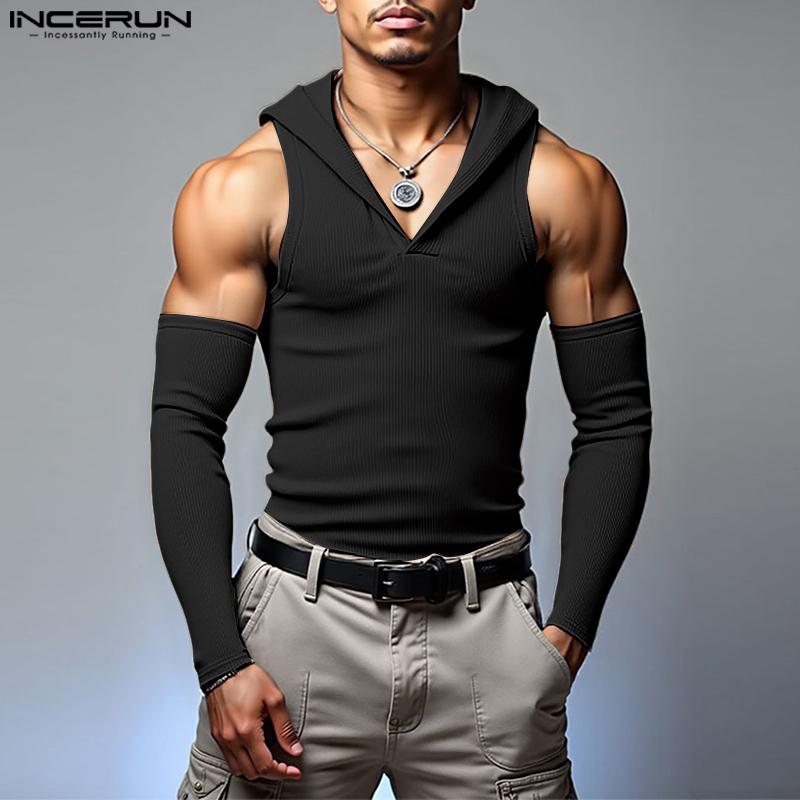 INCERUN Men Sleeveless Rib Casual Fitted Hooded Tank Tops with Oversleeve
