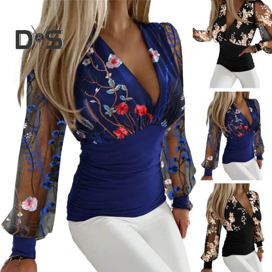 Women Lace Patchwork Long Sleeve Blouse Elegant Deep V Neck Slim Fit Pullover Top Office Lady Embroidery Floral Blouse