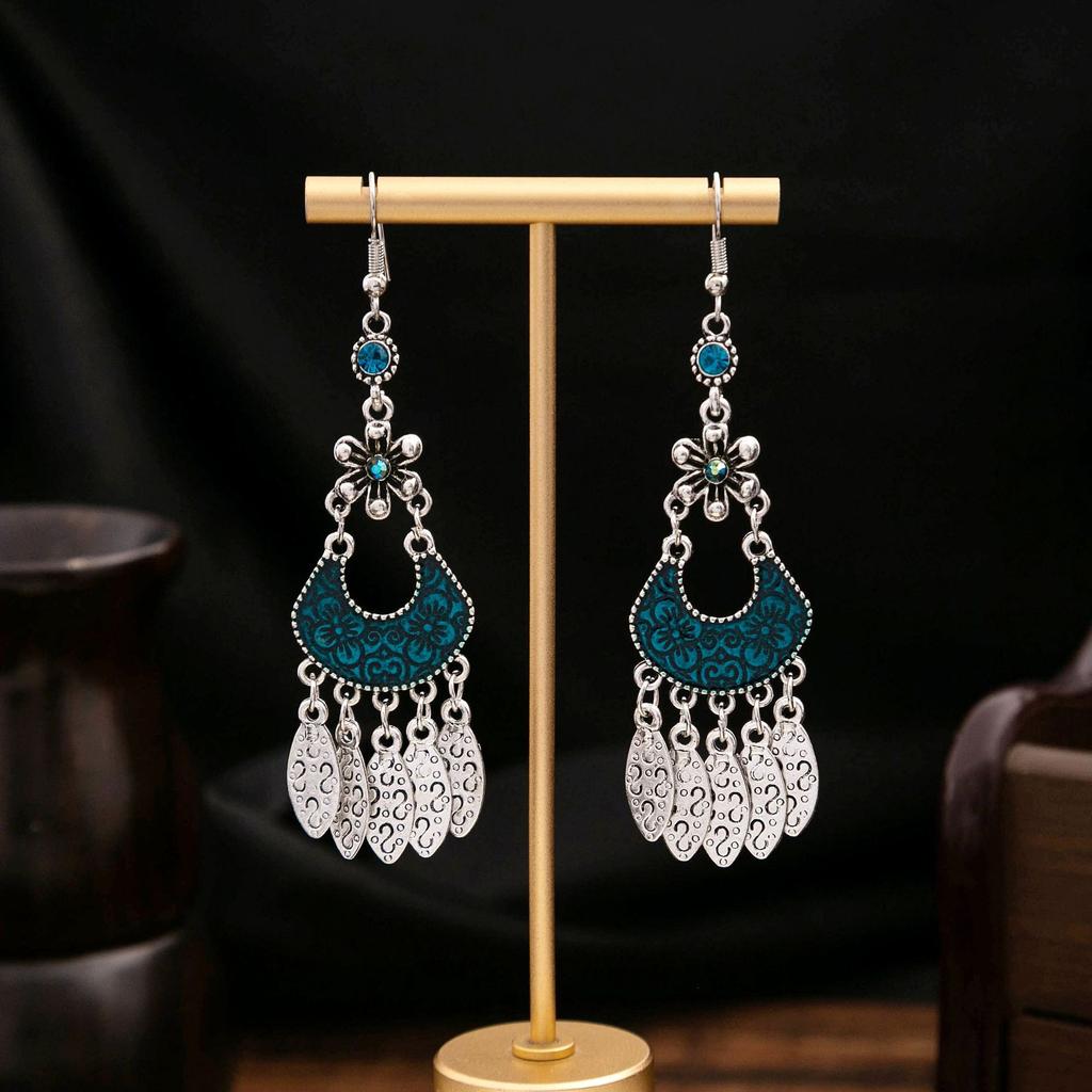 Ethnic Style Long Fringed Earrings, Bohemian Minority Blue Turquoise Tourist Attractions Earrings For Women