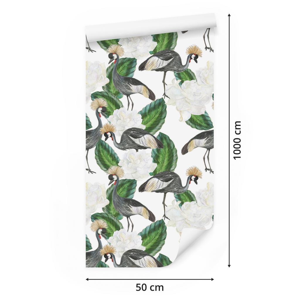 Crane and Plants Pattern Wallpaper for Living Room and Bedroom 50x1000