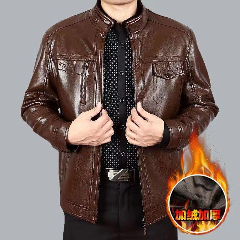 Autumn and winter velvet thickened men's leather jacket middle-aged and elderly loose large size leather jacket dad casual leather top