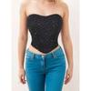 Top Corsetto Senza Spalline in Rete Nera con Strass, Vita Arricciata, Bustier Steccato per Donna